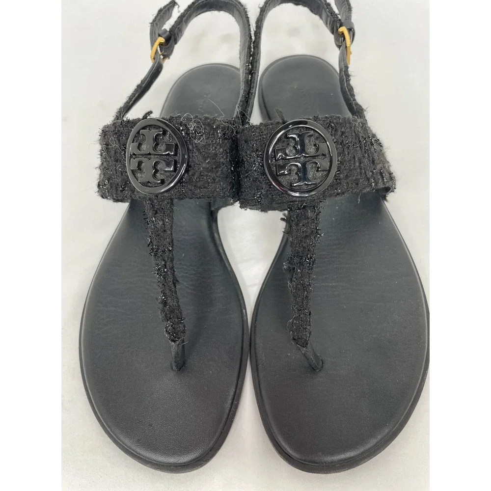 Tory Burch Miller Tweed Slingback Sandals Womens 9.5 Black Excellent Thong Flat